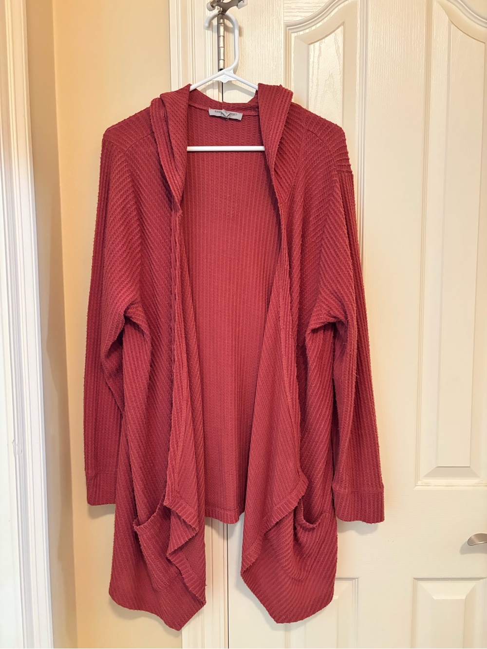 Spense Sport Open-Front Hooded Ribbed Cardigan Sweater - Rust